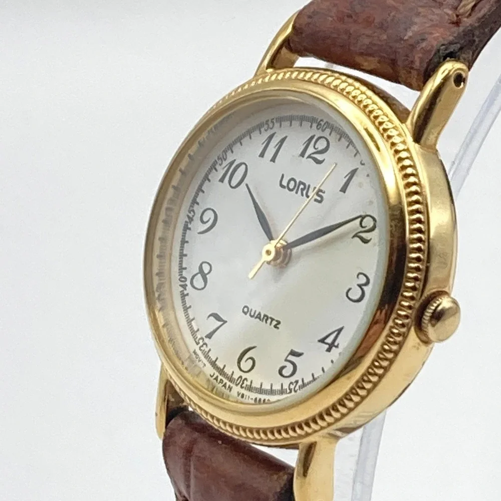 Vintage Lorus Women's Watch 24mm Gold Tone V811-1920 Brown Band New Battery 8.5
